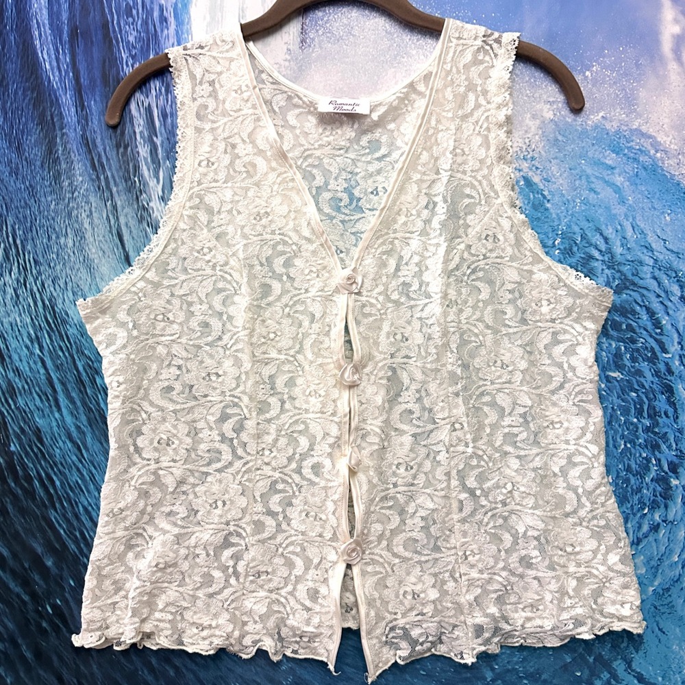 Romantic Moods M Vintage Ivory Floral Lace Rosette Button Front Vest Top Prairie